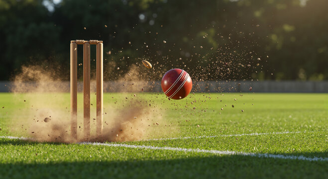 3D render of cricket stumps flying apart with dust and grass particles, dramatic camera angle, realistic materials and strong sunlight with shadows, intense sports action freeze-frame