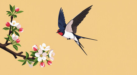 Stylized vector art of swallow hovering near blooming apple tree, bright colors and clean lines, fresh and joyful spring mood with minimal background and copy space