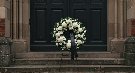 Traditional funeral wreath with white flowers and black ribbon on closed church doors, stone steps in foreground, low natural light, solemn and dignified composition