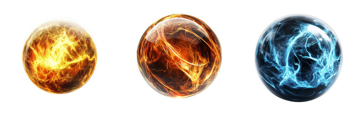 Set of Real photo of a hand-blown glass globe with a lightning bolt inside, crisp on transparent png background. Ai generated