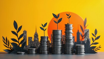 Illustration represents investment strategies, growth, wealth. Coins stacked with plants symbolize financial growth. Abstract shapes, city silhouettes, warm background represent market, financial