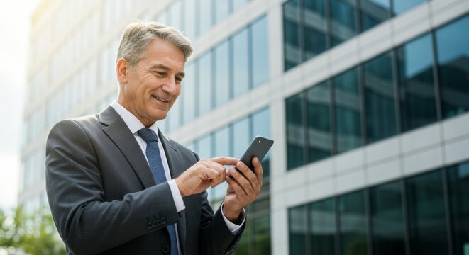 Businessman using smartphone in modern urban setting for communication and connectivity
