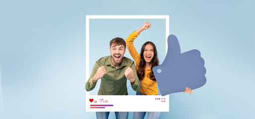 Two enthusiastic influencers express joy by giving a thumbs up in a fun, bright setting. They share...