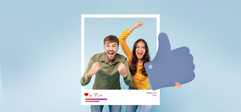 Two enthusiastic influencers express joy by giving a thumbs up in a fun, bright setting. They share their excitement for gaining followers and creating engaging content online.