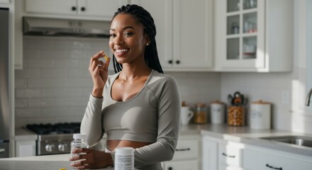 Healthy lifestyle and wellness concept with young woman taking vitamins in modern kitchen
