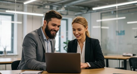 Fototapeta premium Business collaboration in modern office setting with smiling professionals