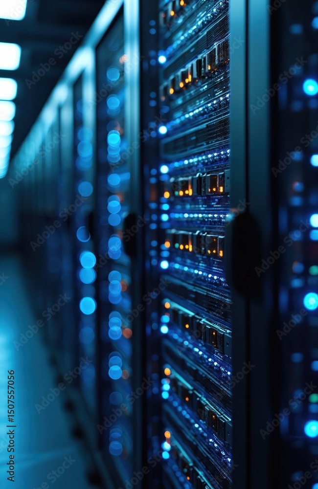 Poster modern data center servers racks with multiple rows of fully operational servers. blue, orange light
