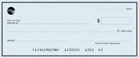 Blue Bank check, vector blank money cheque, checkbook template with guilloche pattern and fields. Currency payment coupon, money check background	