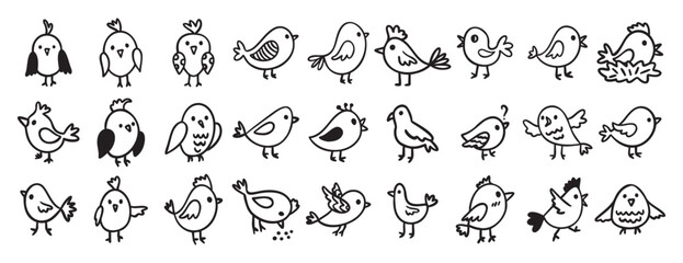 cute birds forest animal characters doodle hand drawn icon set. Outline drawing birds line clipart symbol collection