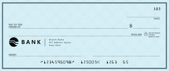 Blue Bank check, vector blank money cheque, checkbook template with guilloche pattern and fields. Currency payment coupon, money check background	