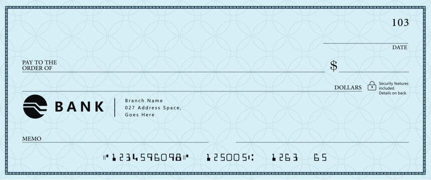 Blue Bank check, vector blank money cheque, checkbook template with guilloche pattern and fields. Currency payment coupon, money check background	