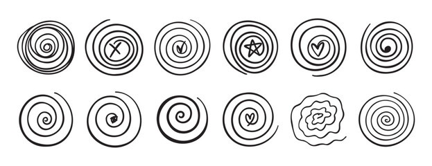 Doodle spiral swirl motion element set. abstract hand drawn round spiral line. spiral with a symbol inside