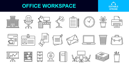 office workplace or workspace elements thin line icons. eps business workspace icons editable stroke. 