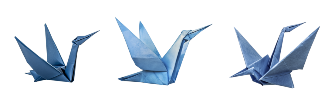 Set of Close-up of multiple paper origami birds in various pastel colors arranged neatly on transparent png background. Ai generated