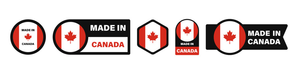 Set of vector icons and labels with “Made in Canada” text and Canadian flag design.