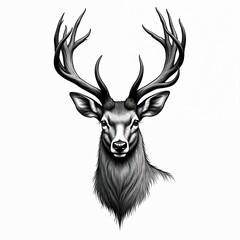 Deer icon, antelope portrait. Minimal monochrome drawing of majestic cervid head. Black and white illustration of deer with large antlers, isolated on white background.