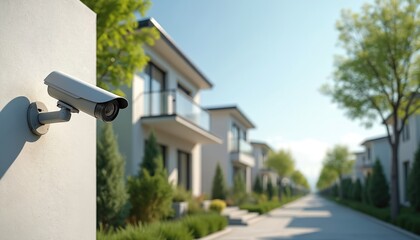 Security camera monitors modern houses residential street. Surveillance system for remote monitoring, home security, neighborhood safety. Property protection from vandalism. Sunny day, clear sky.