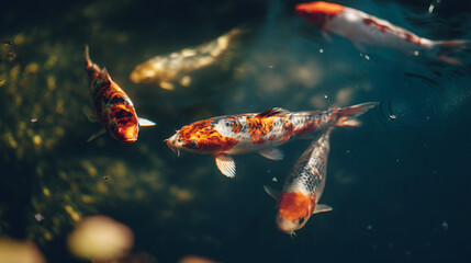 Obraz premium A group of koi fish swimming in a pond with plants and algae visible in the background water scene