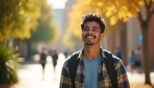 Joyful Latino college student smiles outdoors. Happy young man walks campus, looks up in sunny autumn day. University student with backpack, casual outfit near yellow foliage. Education, lifestyle.