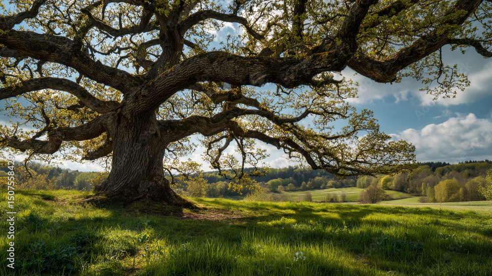 Poster a large tree with sprawling branches stands in a green field under a partly cloudy sky with a forest