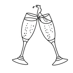 Two clinking Champagne glasses with splash in doodle style. Vector minimalistic illustration isolated on a background. For New Year or Wedding design.