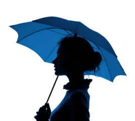 Silhouette of woman with blue umbrella in artistic minimalist style isolated on transparent background