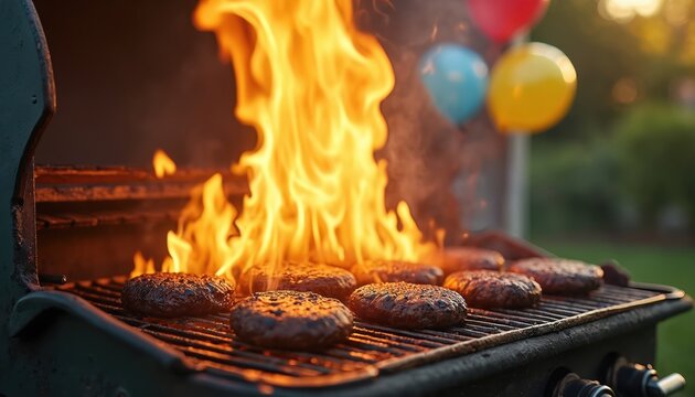 Burning grill with burgers on backyard garden party. Flames engulfing burgers with colorful balloons on blurred background. Cautionary tale grilling mishap during summer, cooking danger.