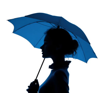 Silhouette of woman with blue umbrella in artistic minimalist style isolated on transparent background