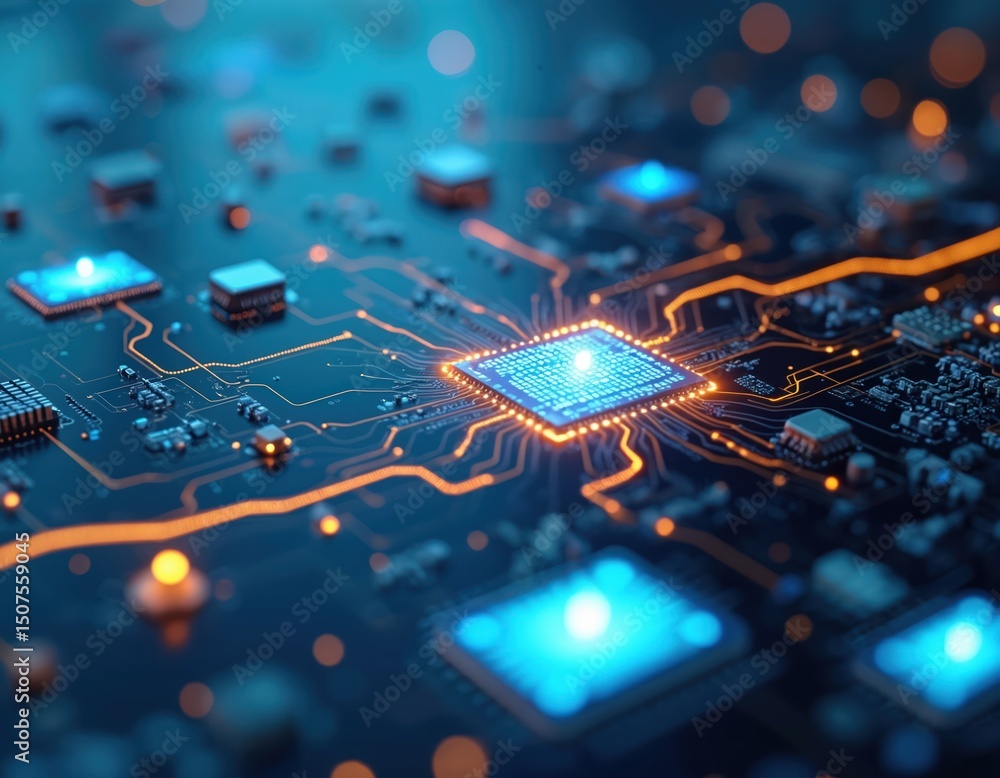 Poster conceptual visualization of digital data flow. close-up view of circuit board with interconnected co