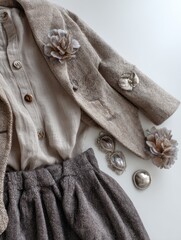 Linen shirt, silver brooches, and woolen skirt on a white textile background