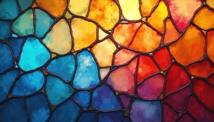 Abstract colorful stained glass background. Rainbow-like mosaic, vibrant colors, geometric forms. Water art, stone effect. For wallpaper, design, illustration, art, decoration. Perfect for backdrop