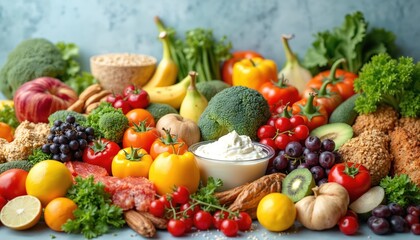 Balanced meal plan with whole foods vegetables fruits protein sources. Healthy diet of fresh natural ingredients. Vegan vegetarian dishes. Colorful food composition. Ideal for wellness blogs, food