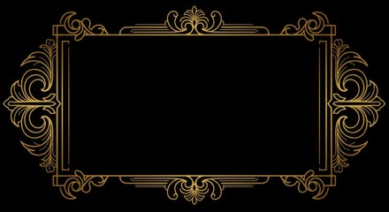 Elegant ornate gold frame on black background for luxury design and invitations