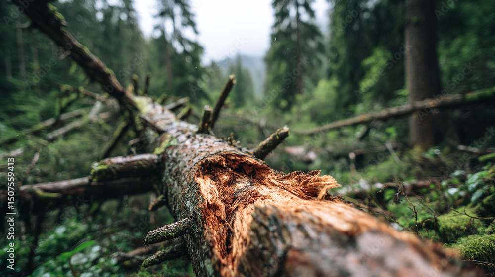 Poster a close up view of a fallen tree trunk in a forest with green trees in the blurred background