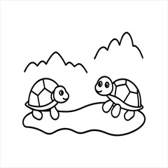 Two Turtles Riverbank Coloring Page Vector