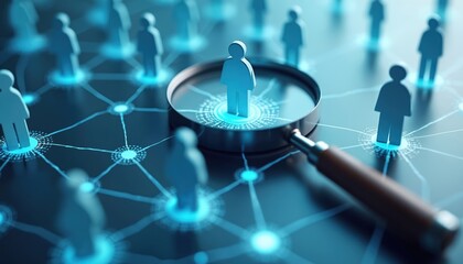 Magnifying glass focuses on person icon. Blurred figures interconnected by glowing lines. Concept of networking, teamwork, digital connections, business, human relationships, social media