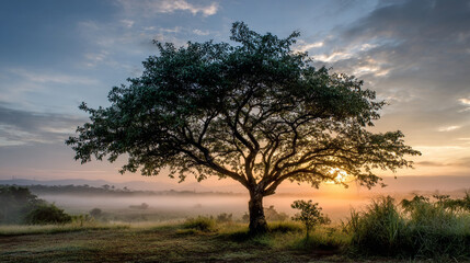 Obraz premium A solitary tree stands against the backdrop of a misty sunrise casting a warm glow on the landscape