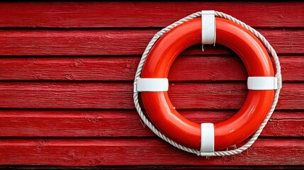 Isolated lifebuoy ring displayed on red boathouse wall for safety and decor