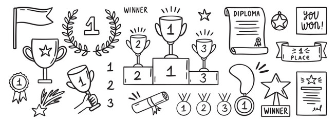 awards winner doodle hand drawn icon set. Outline drawing prizes and success items line clipart symbol collection. winner cups and medals.