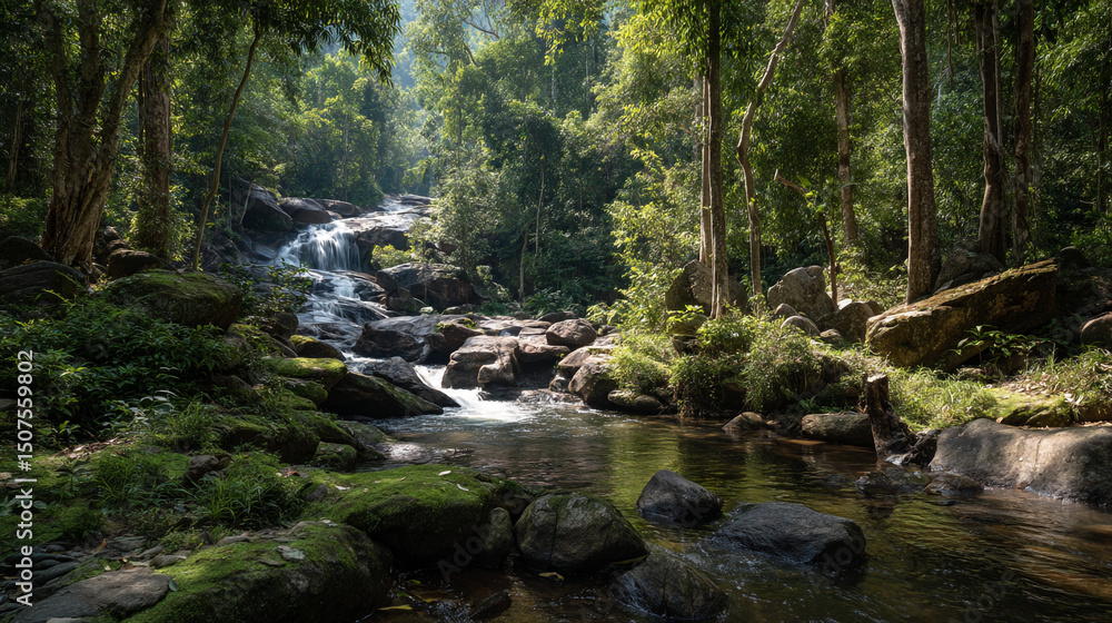 Aufkleber a scenic view of a waterfall cascading through a lush green forest with rocks and trees around it