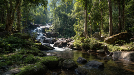 Fototapeta premium A scenic view of a waterfall cascading through a lush green forest with rocks and trees around it