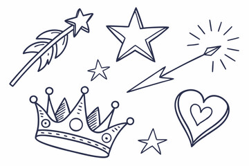 doodle style heart crown star symbols hand