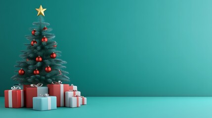 Christmas tree with presents against a teal background.