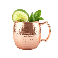 "Moscow Mule" in a copper mug with mint and lime leave, Moscow mule Cocktail in a copper mug, decorated with mint and lime leaves, isolated on transparent background