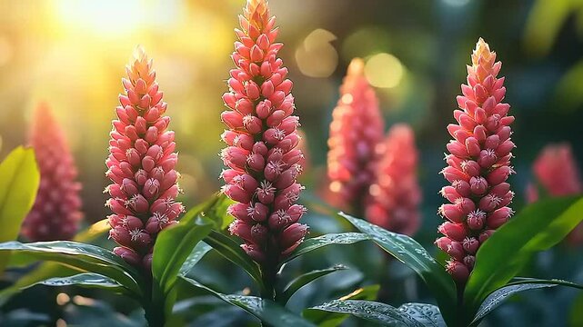 Blooming red ginger flowers bathed in sunlight, showcasing natural beauty in tropical garden