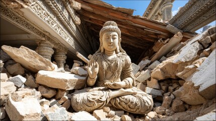 Ancient temple mid-collapse with intact deity statue during tremor