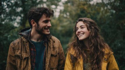 Fototapeta premium A smiling couple in jackets looking at each other in a forest setting with a blurred background