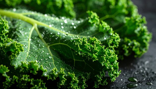 macro shot of curly kale leaf, textured veins, water droplets