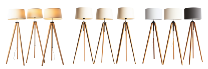 Set of Yellow floor lamp shining brightly in a chic, Scandinavian-style interior with white walls and indoor plants on transparent png background. Ai generated