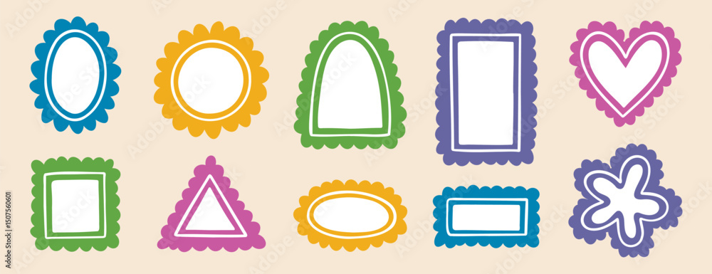 Poster borders empty frames template cute wavy line doodle set. round shape, heart square rectangle arch tr